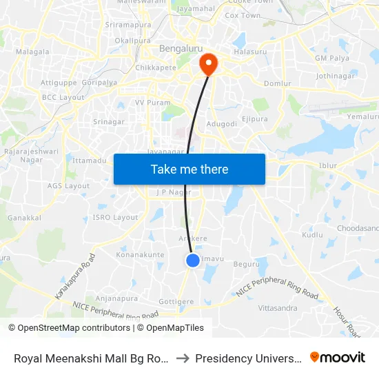 Royal Meenakshi Mall Bg Road to Presidency University map