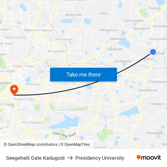Seegehalli Gate Kadugodi to Presidency University map