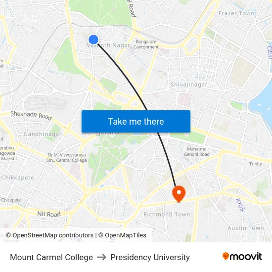 Mount Carmel College to Presidency University map
