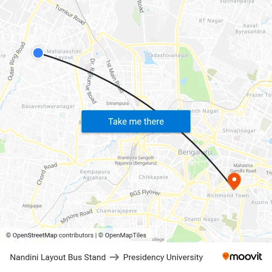 Nandini Layout Bus Stand to Presidency University map