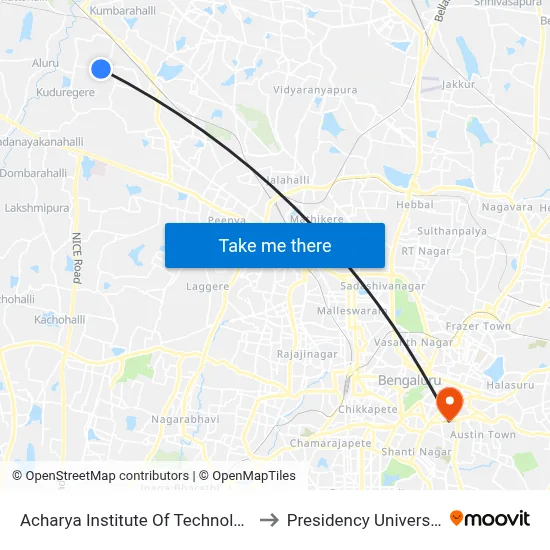 Acharya Institute Of Technology to Presidency University map