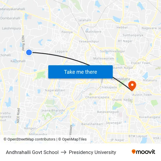 Andhrahalli Govt School to Presidency University map