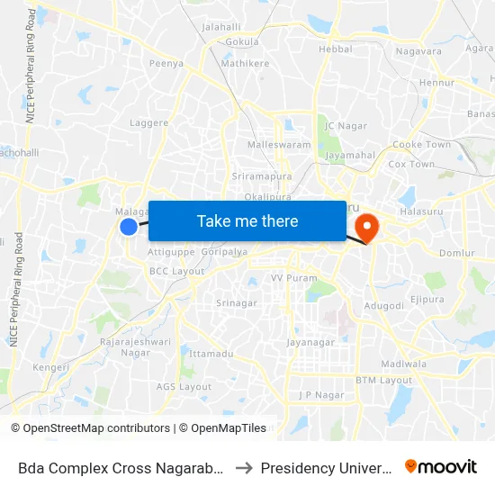 Bda Complex Cross Nagarabhavi to Presidency University map