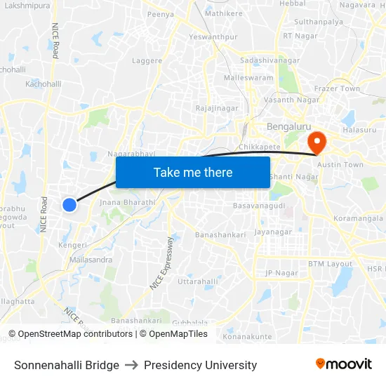 Sonnenahalli Bridge to Presidency University map