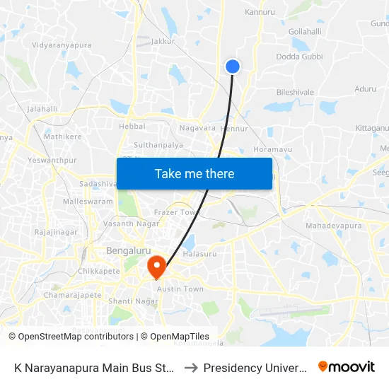 K Narayanapura Main Bus Stand to Presidency University map