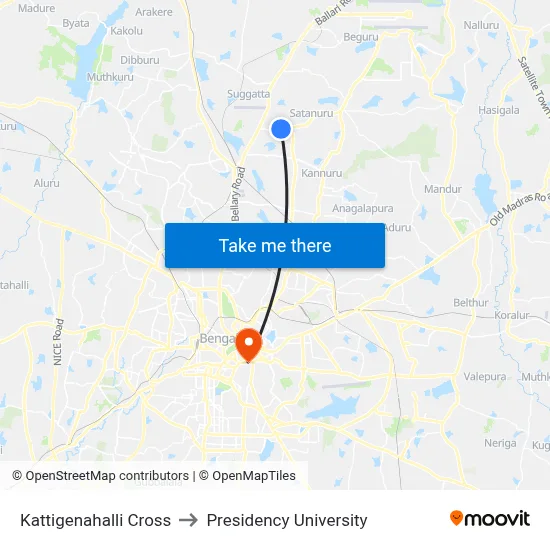 Kattigenahalli Cross to Presidency University map