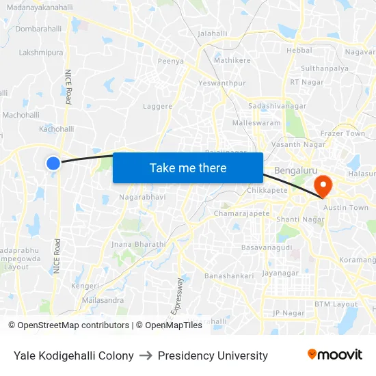 Yale Kodigehalli Colony to Presidency University map