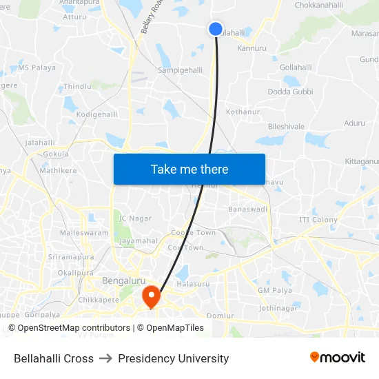 Bellahalli Cross to Presidency University map