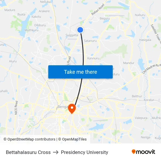 Bettahalasuru Cross to Presidency University map