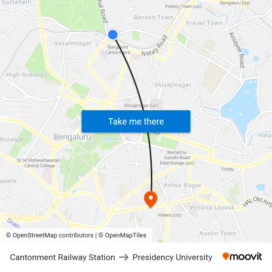 Cantonment Railway Station to Presidency University map