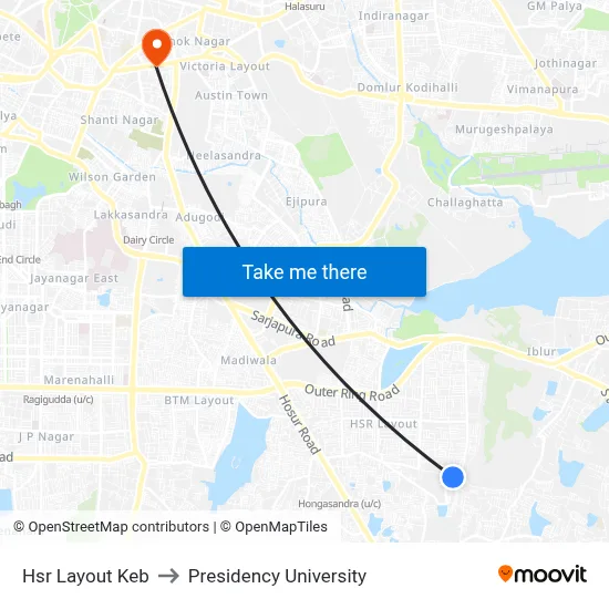 Hsr Layout Keb to Presidency University map