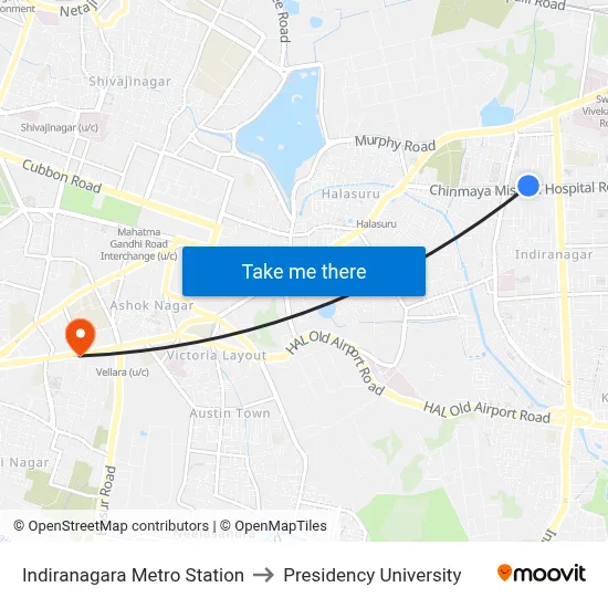 Indiranagara Metro Station to Presidency University map