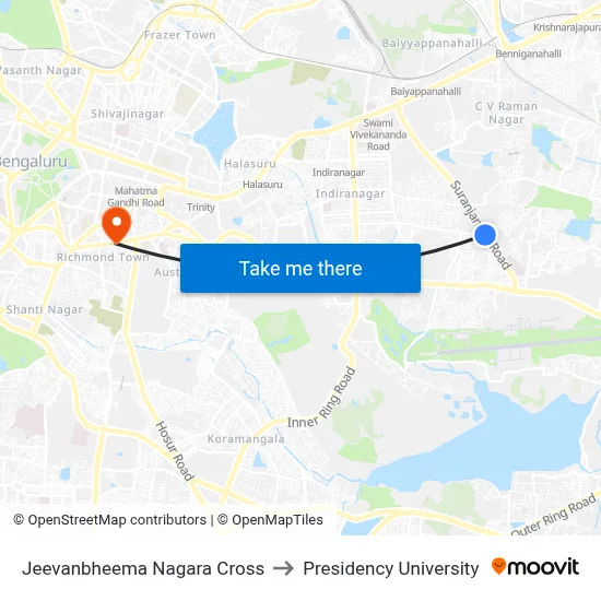 Jeevanbheema Nagara Cross to Presidency University map