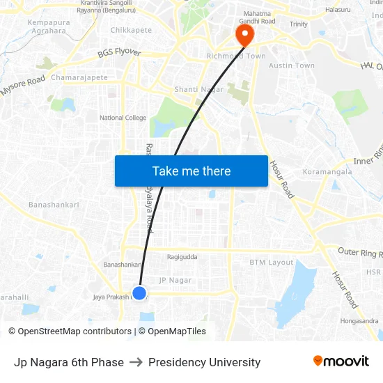 Jp Nagara 6th Phase to Presidency University map