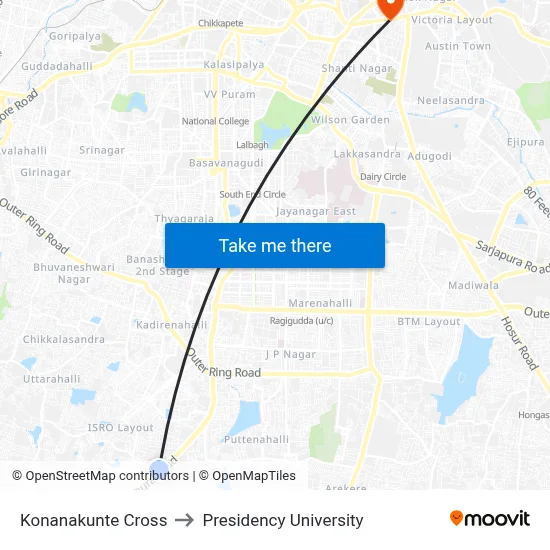 Konanakunte Cross to Presidency University map