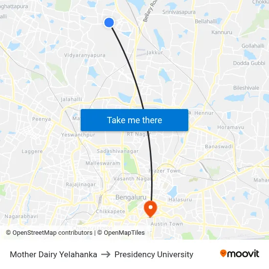 Mother Dairy Yelahanka to Presidency University map