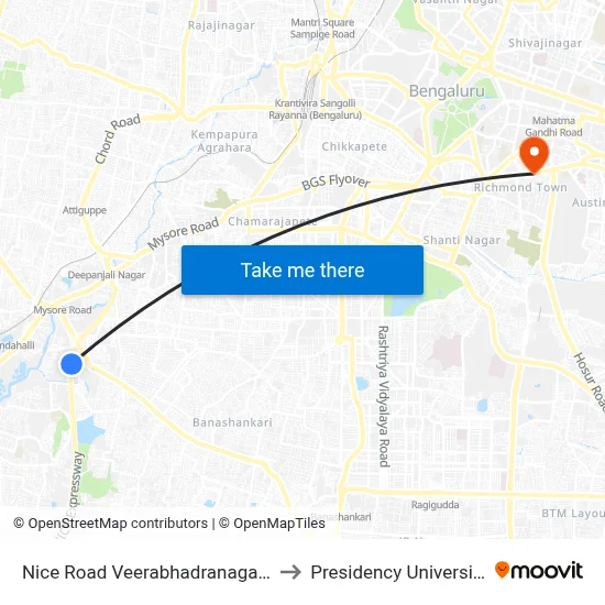 Nice Road Veerabhadranagara to Presidency University map