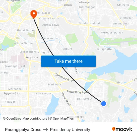 Parangipalya Cross to Presidency University map