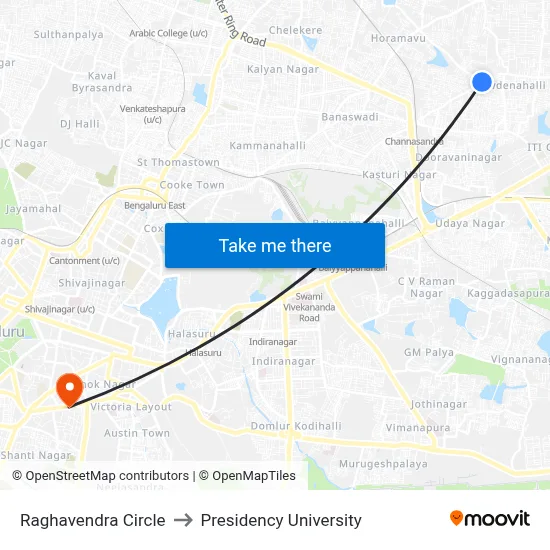 Raghavendra Circle to Presidency University map