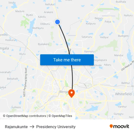 Rajanukunte to Presidency University map