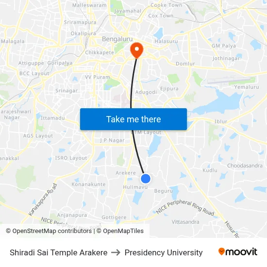 Shiradi Sai Temple Arakere to Presidency University map