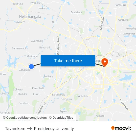 Tavarekere to Presidency University map