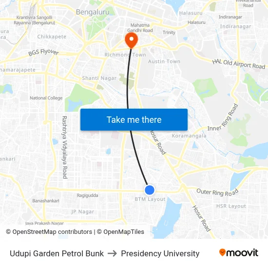 Udupi Garden Petrol Bunk to Presidency University map