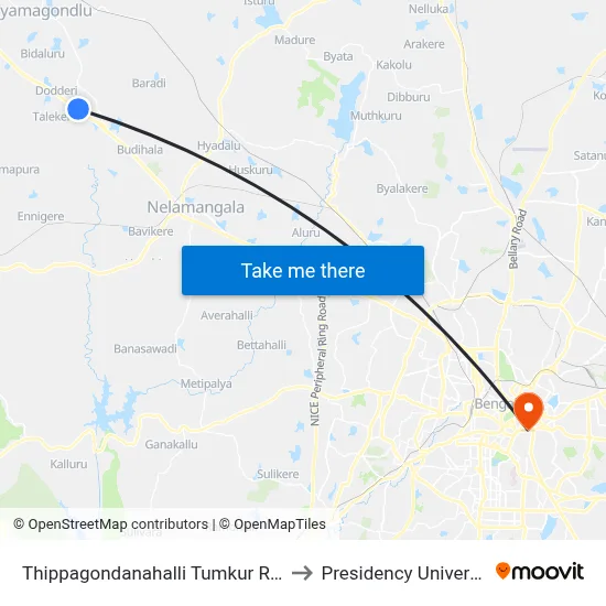 Thippagondanahalli Tumkur Road to Presidency University map