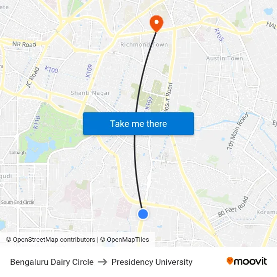 Bengaluru Dairy Circle to Presidency University map
