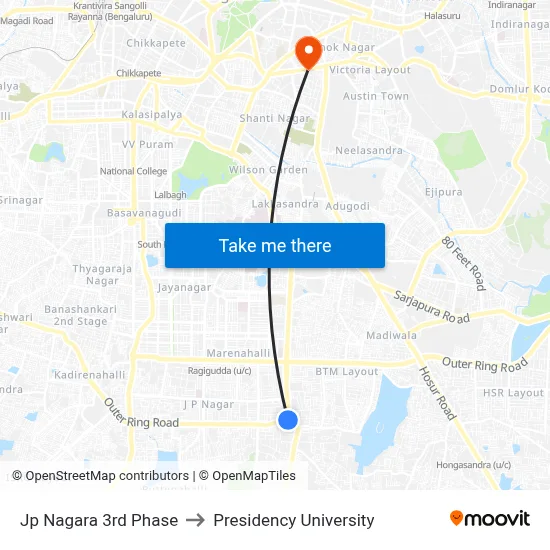 Jp Nagara 3rd Phase to Presidency University map