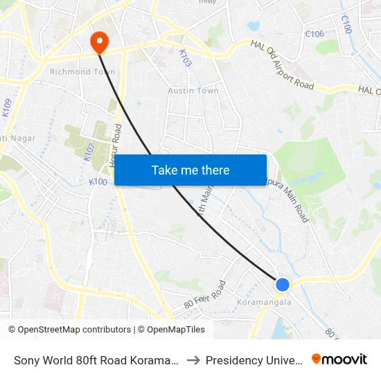 Sony World 80ft Road Koramangala to Presidency University map
