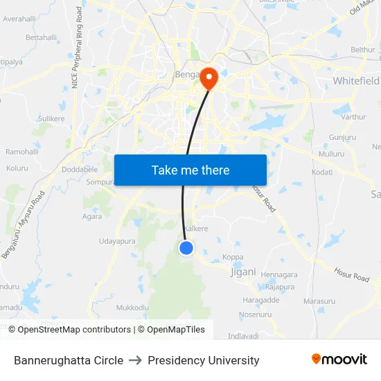 Bannerughatta Circle to Presidency University map
