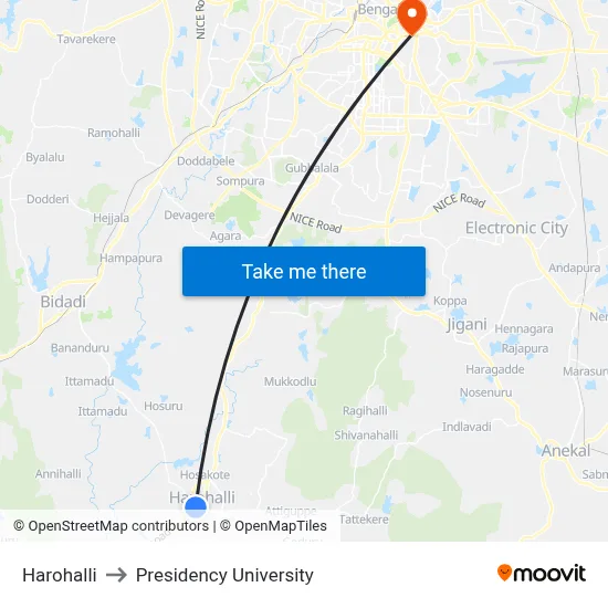 Harohalli to Presidency University map