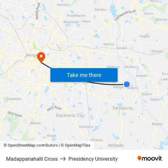 Madappanahalli Cross to Presidency University map