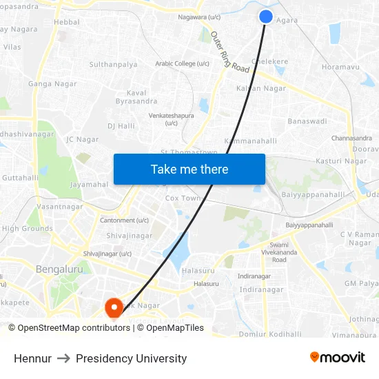 Hennur to Presidency University map