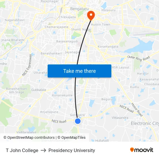 T John College to Presidency University map