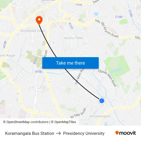Koramangala Bus Station to Presidency University map