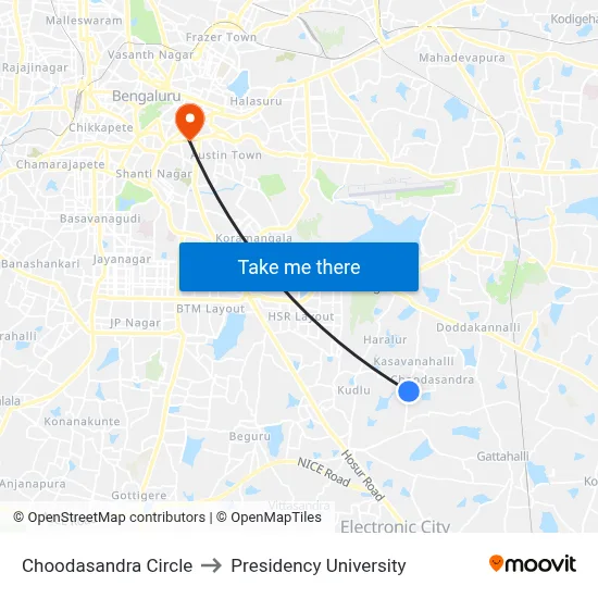 Choodasandra Circle to Presidency University map