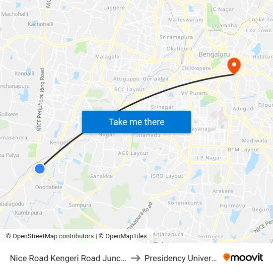 Nice Road Kengeri Road Junction to Presidency University map