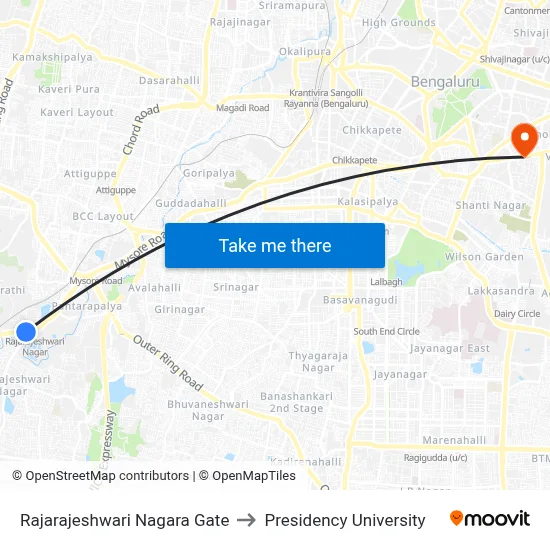 Rajarajeshwari Nagara Gate to Presidency University map