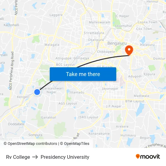 Rv College to Presidency University map