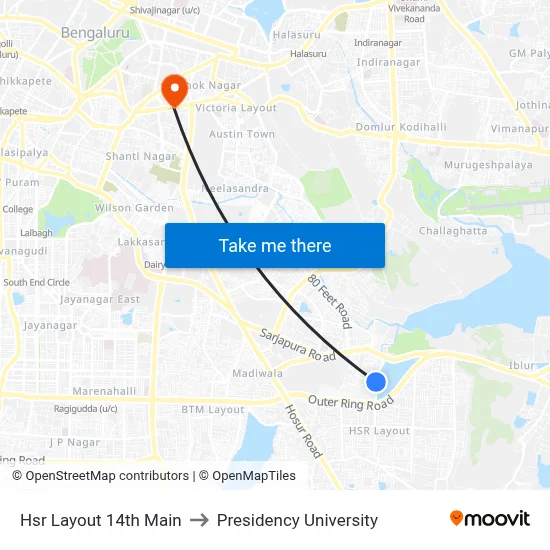 Hsr Layout 14th Main to Presidency University map