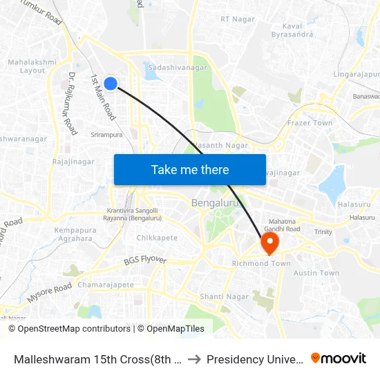Malleshwaram 15th Cross(8th Main) to Presidency University map