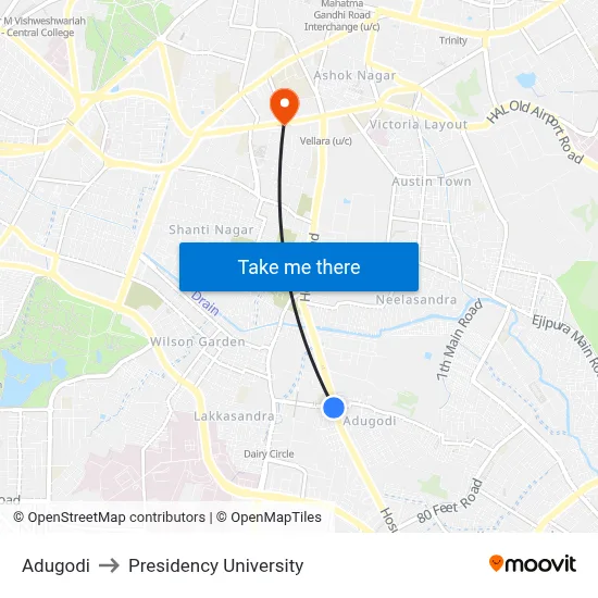 Adugodi to Presidency University map
