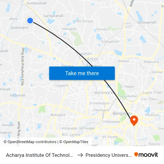 Acharya Institute Of Technology to Presidency University map