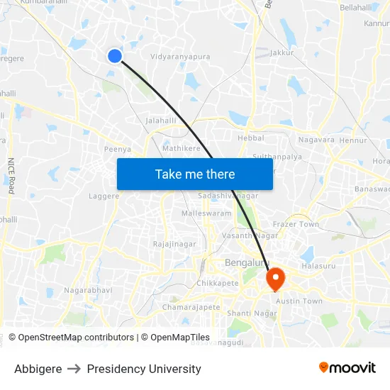 Abbigere to Presidency University map