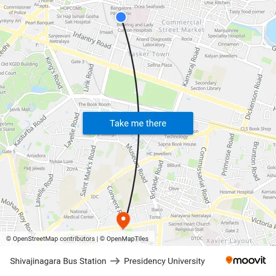 Shivajinagara Bus Station to Presidency University map