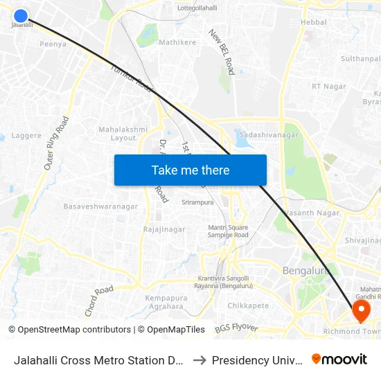 Jalahalli Cross Metro Station Departure to Presidency University map