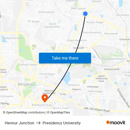 Hennur Junction to Presidency University map