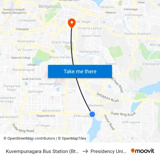 Kuvempunagara Bus Station (Btm Layout) to Presidency University map